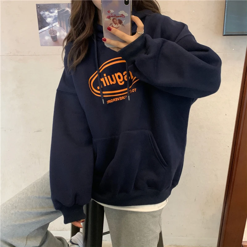 Loose Design Plus size Fleece-lined Hoodie Women  New Winter clothes Harajuku Sle Chic Hong Kong Flavor Outerwear