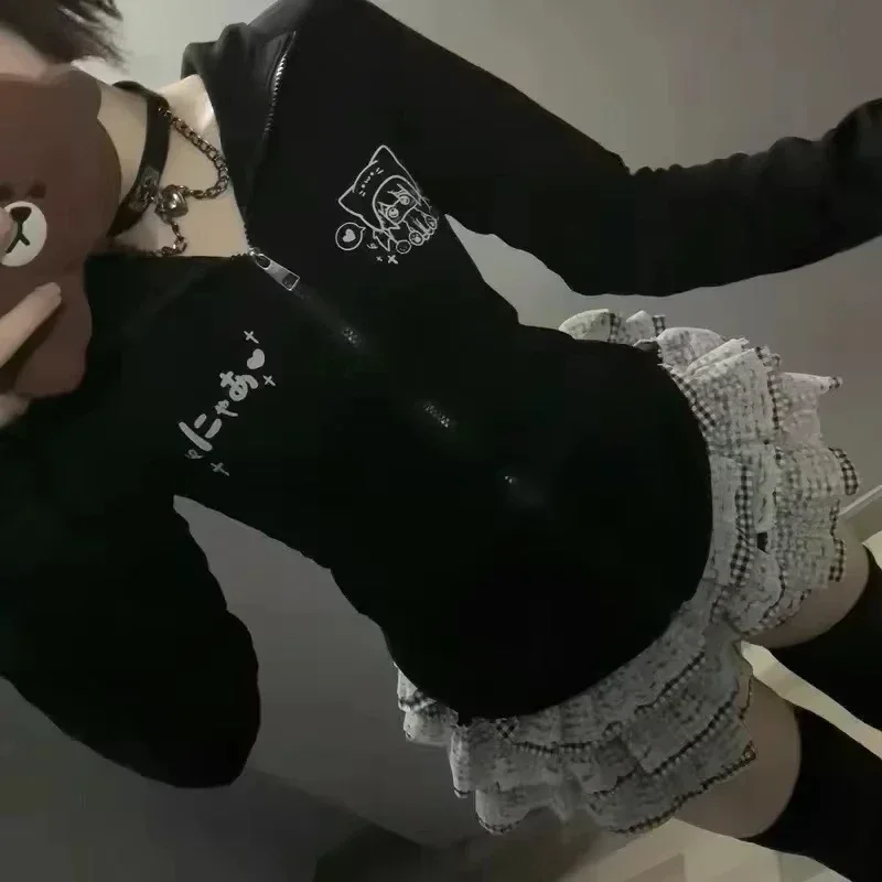 Japonês y2k estética dos desenhos animados impressão tshirts feminino turn down collar camiseta streetwear magro zíper bottoming camisetas femme