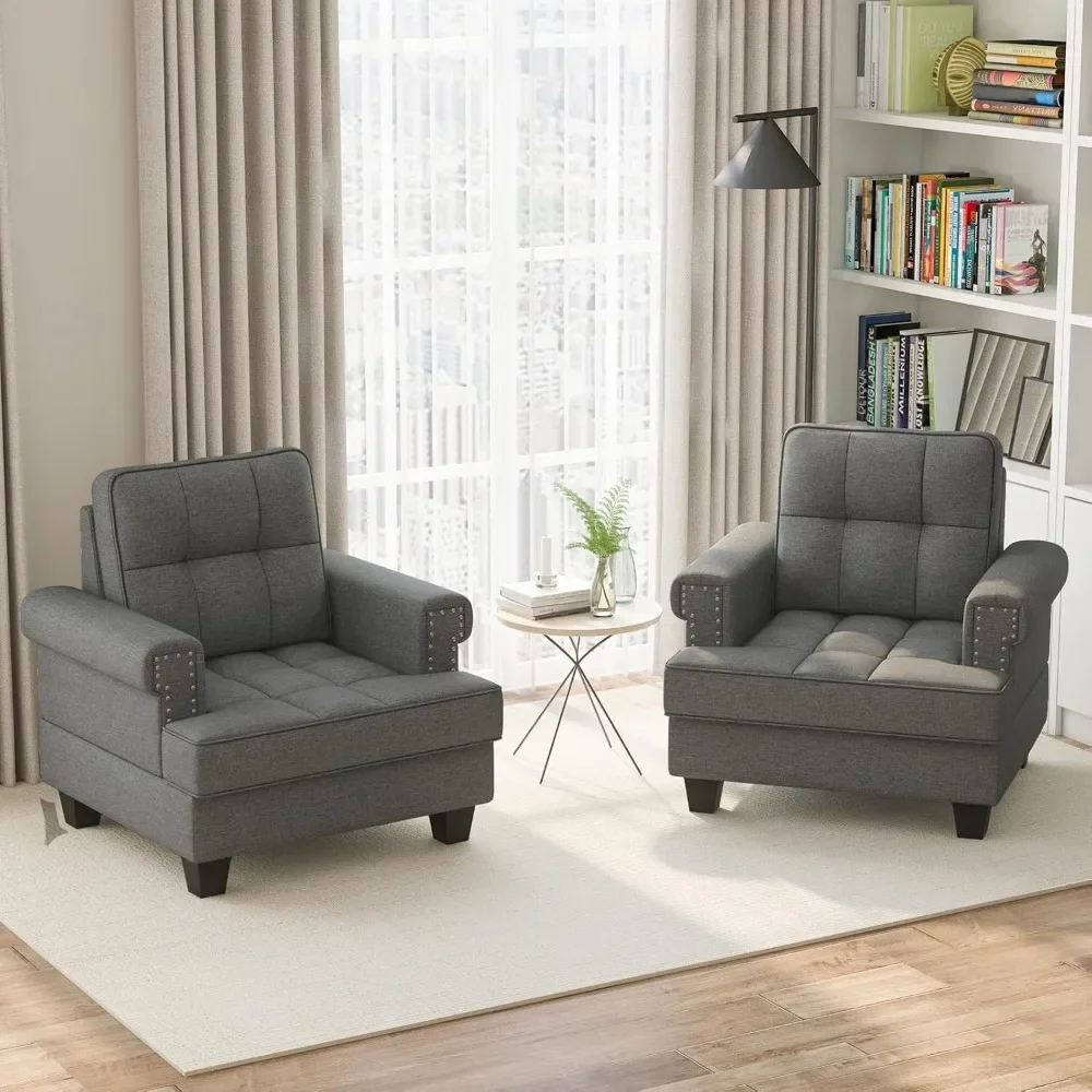 

Tufted Linen Single Sofa Chair w/Thick Pillow, Cushion, Solid Rubber Wood Frame, Studded Upholstered Reading