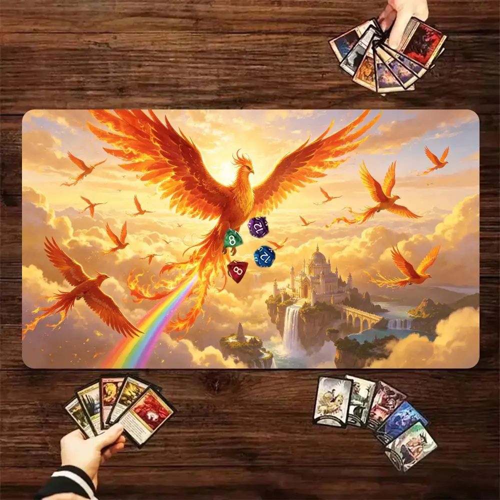 60X35cm Phoenix Rainbow Sky Castle Play mat Large Table Mat with Stitched Edge Non-Slip Rubber Desk Pad for Card Gaming