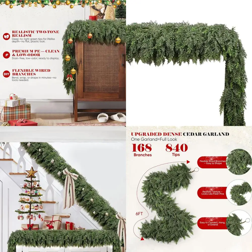 

Realistic Touch Cedar Garland, 6FT x Thick, 168 Branches, Ideal for Christmas Decor, Indoor/Outdoor Use