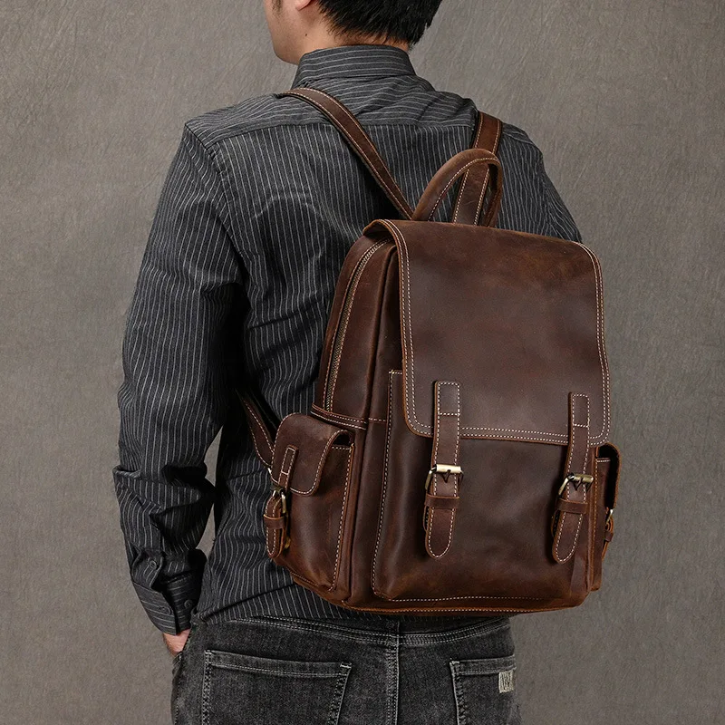 Genuine Leather Double - shoulder Backpack for Men - Vintage, Real Leather, Large - capacity Cowhide Travel Bag for Outings