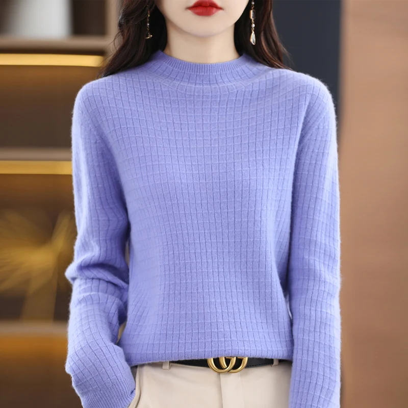 Women New 100% Merino Wool Sweater Autumn Winter Fashion Tops O-Neck Waffle Pullover Square Grid Long Sleeve Jumper Knitwear