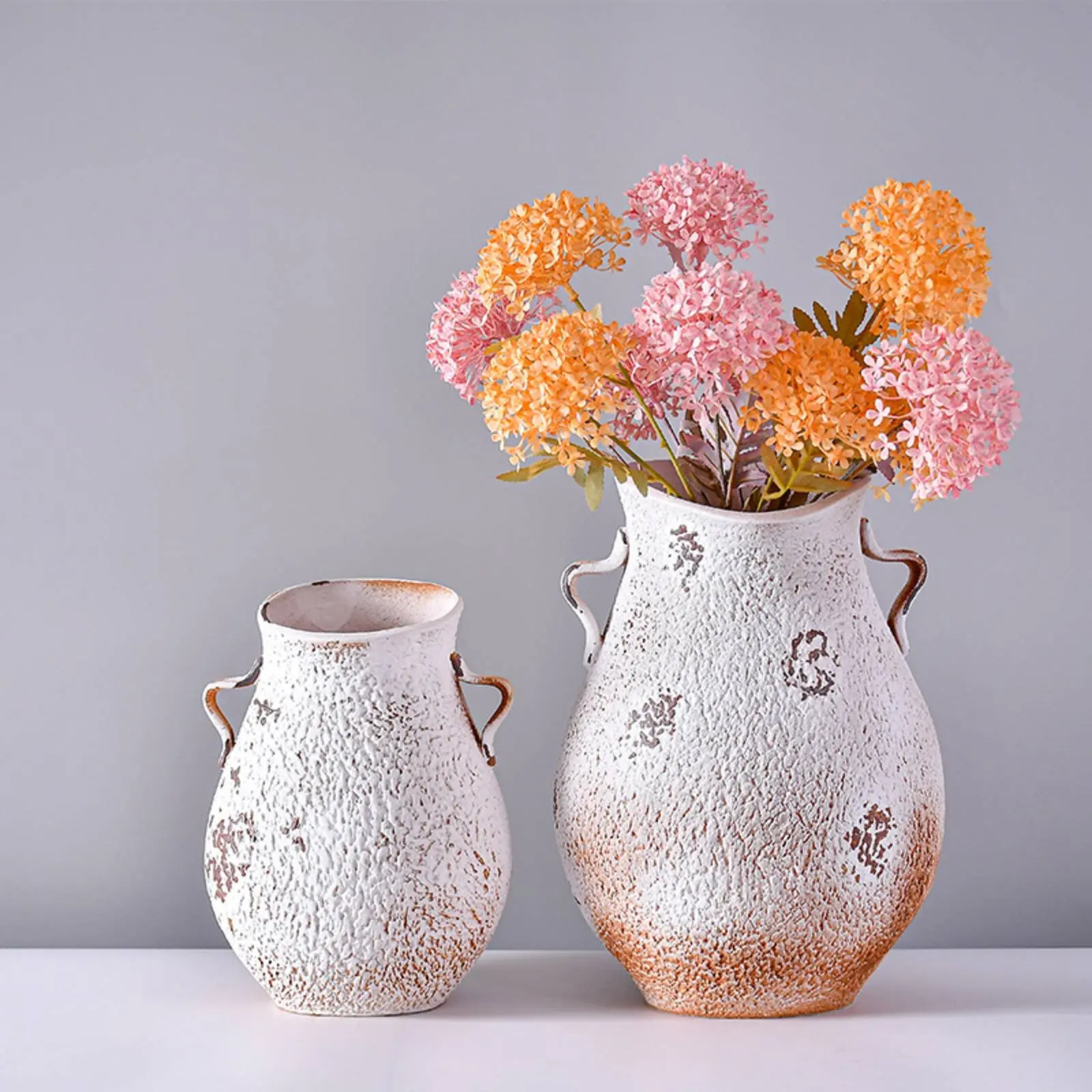 

2 Pieces Handled Ceramic Vase Handmade Look Textured Ceramic Vase Home Decor Neutral Color Double Handles for Entryway