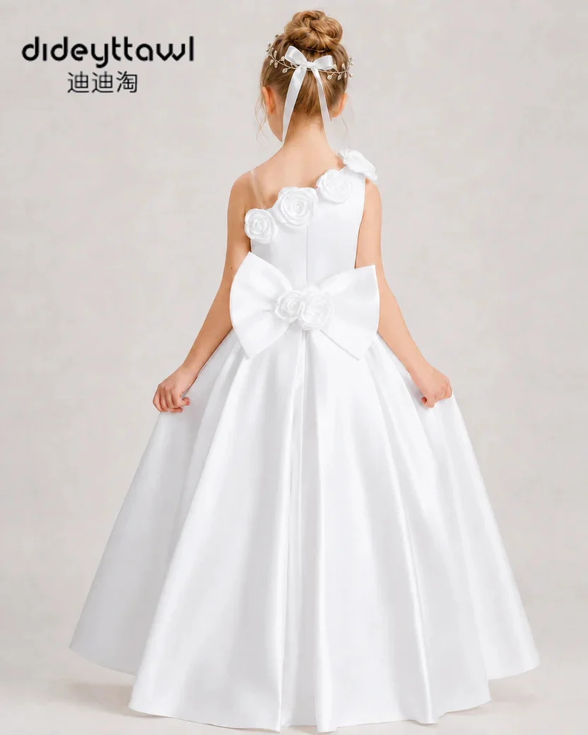 Kids White Satin Formal Dress Sleeveless 3D Rose Shoulder Design Long A Line Gown Big Bow Back For Girl Wedding Birthday Party