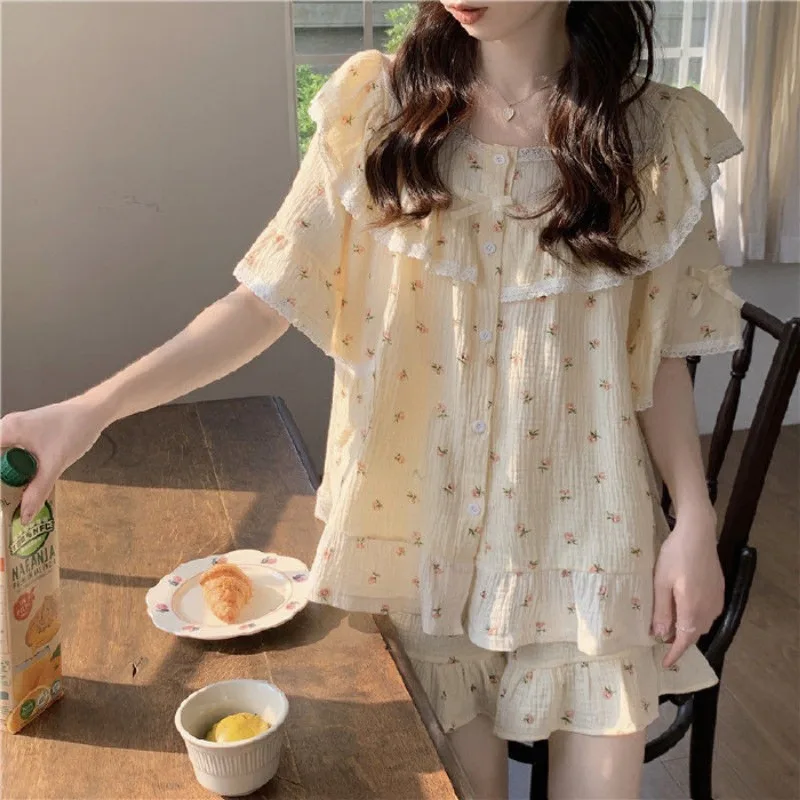 New Summer Pajamas Women Princess New Style Sweet Lace Short Sleeve Shorts Loose Plus-Size Wrinkled Fabric Cross-Border Set