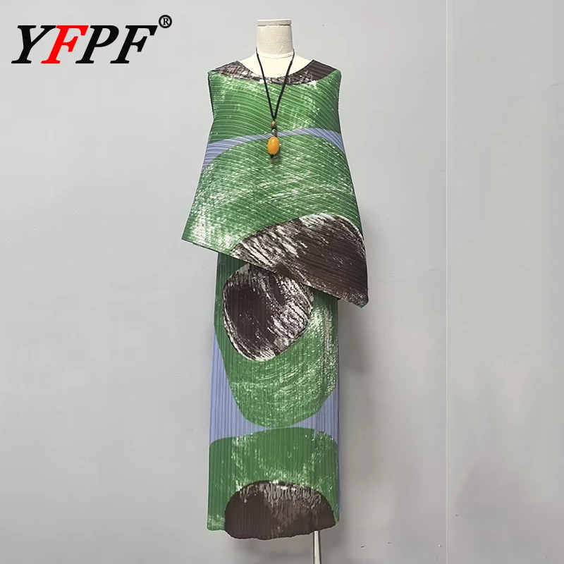 

YFPF Summer Miyake Pleated Women 2 Piece Set Fashion Sleeveless Irregular Print Tops + Long Skirt Casual 2025 New Clothing 3A404