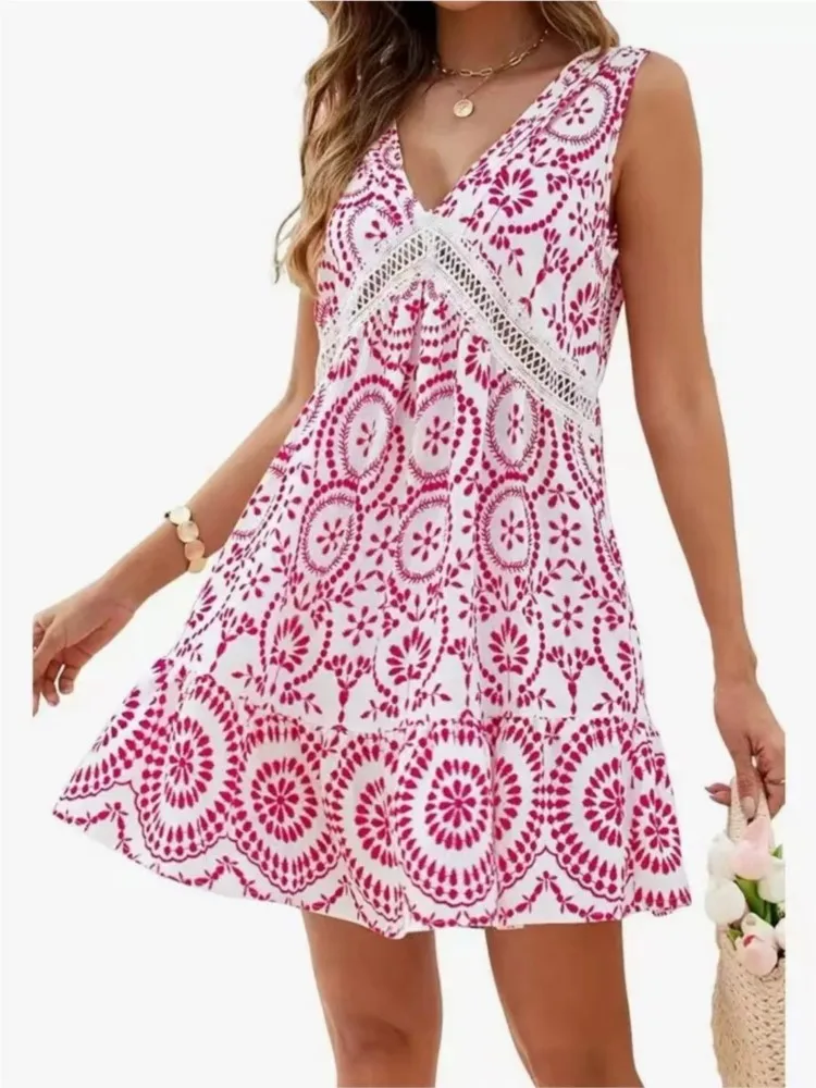 Estate elegante nuova stampa scava fuori patchwork mini abito sexy pizzo scollo a V senza maniche allentato boho abiti da vacanza al mare per le donne