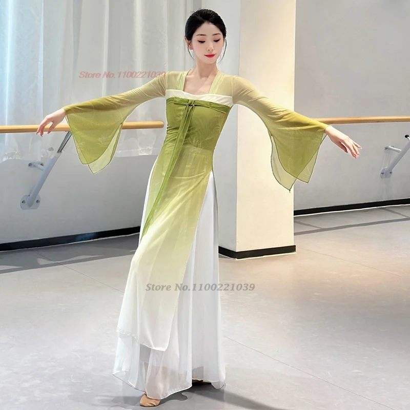 2025 الصينية خمر ملابس رقص الشعبية التدرج اللون شبكة hanfu بلايز + فستان أطفال مع سروال داخلي خمر فستان من الشيفون مرحلة الأداء