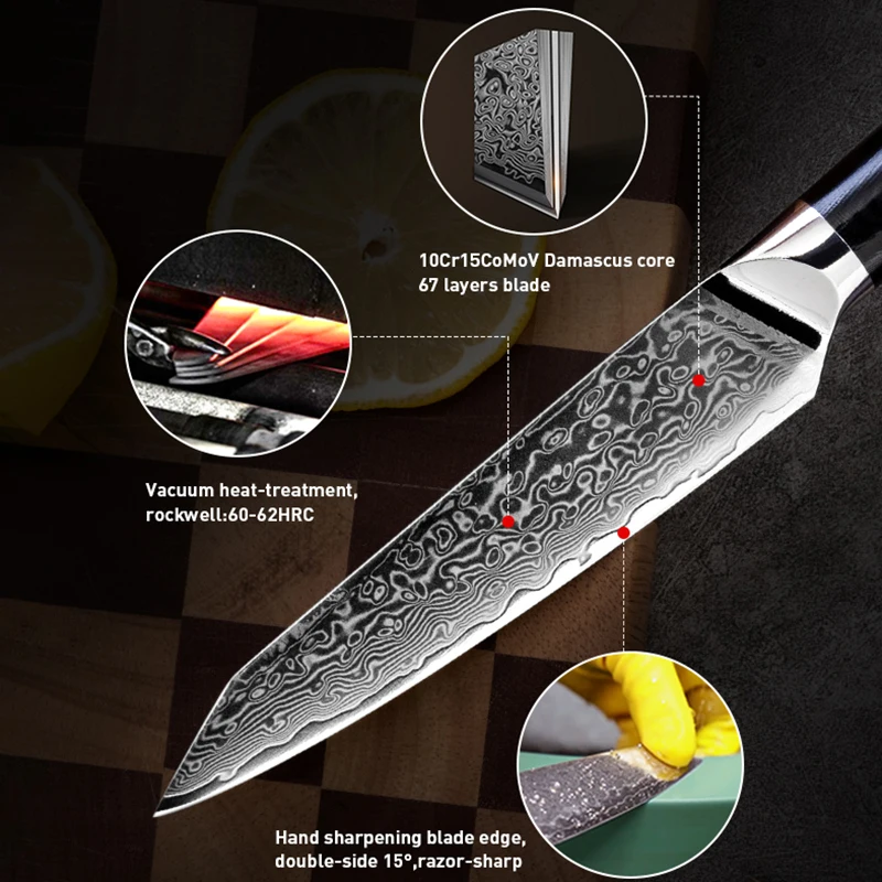 5 Inch Utility Knife 67-layers Damascus Steel 10Cr15CoMov Blade Chef Cleaver Paring Barbecue Peeling Kitchen Knife G10 Handle