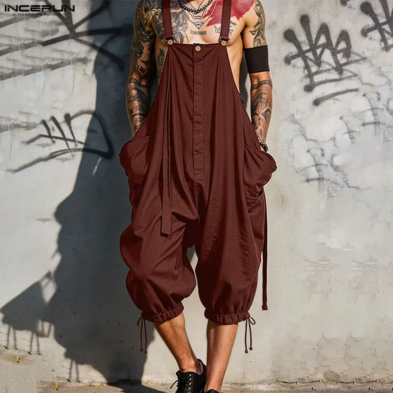INCERUN Men's Jumpsuits Solid Suspender Straps Overalls For Man Streetwear Sleeveless Loose Fashion Casual Male Rompers Pants view 2