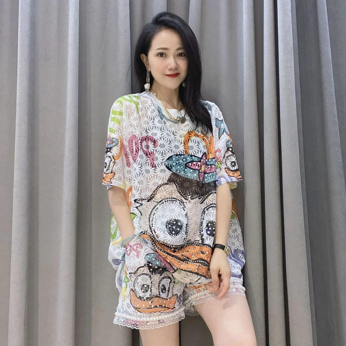 2023 Summer Clothing for Women Two Piece Sets Loose Cartoon Diamonds Tracksuit Perspective Lace Casual Knitting Tops and Shorts