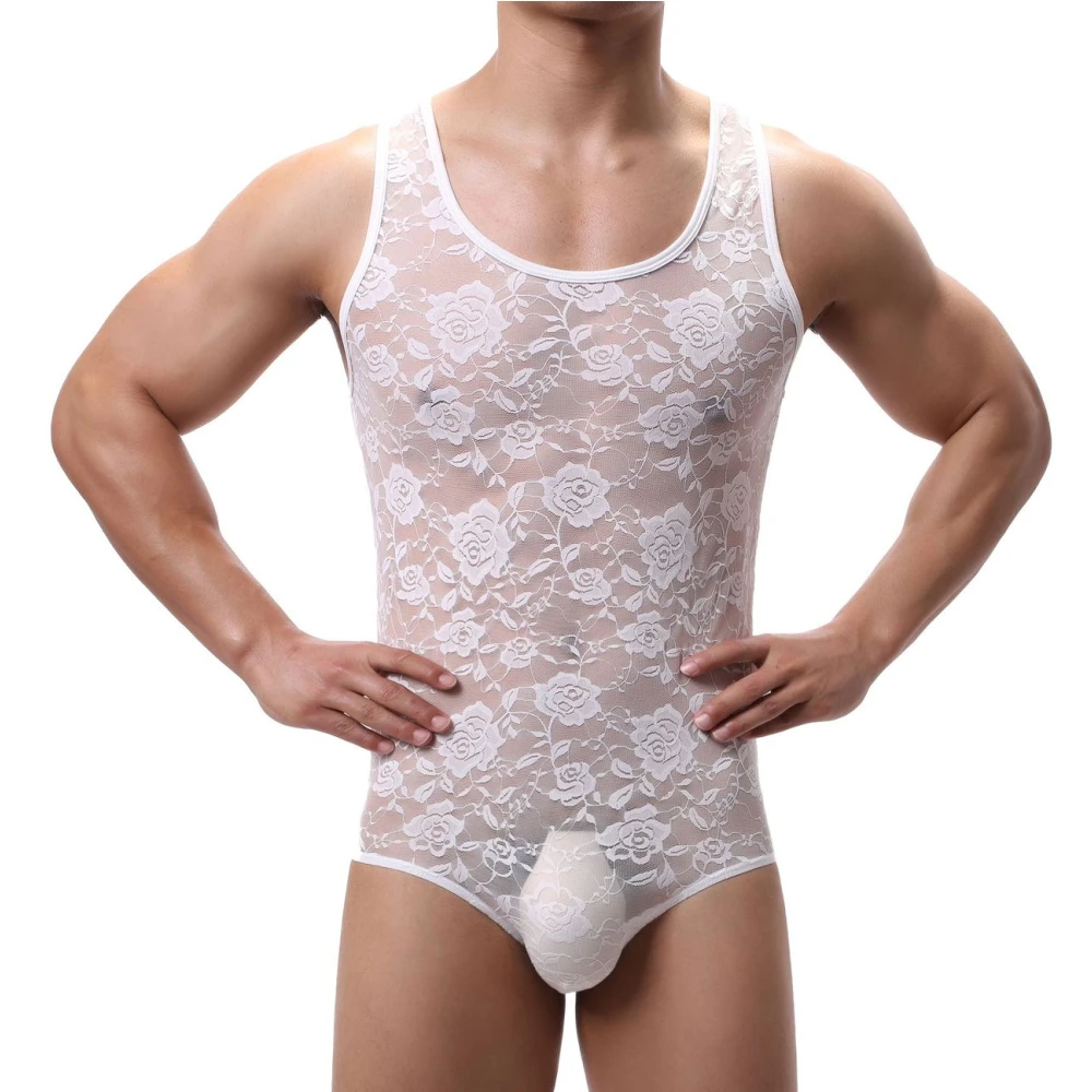 

Men's Floral Lace Mesh Bodysuits 2024 Sexy New See Through Sleevless Transparent Tshirt Men Elastic Fitted Nightwear Undershirt