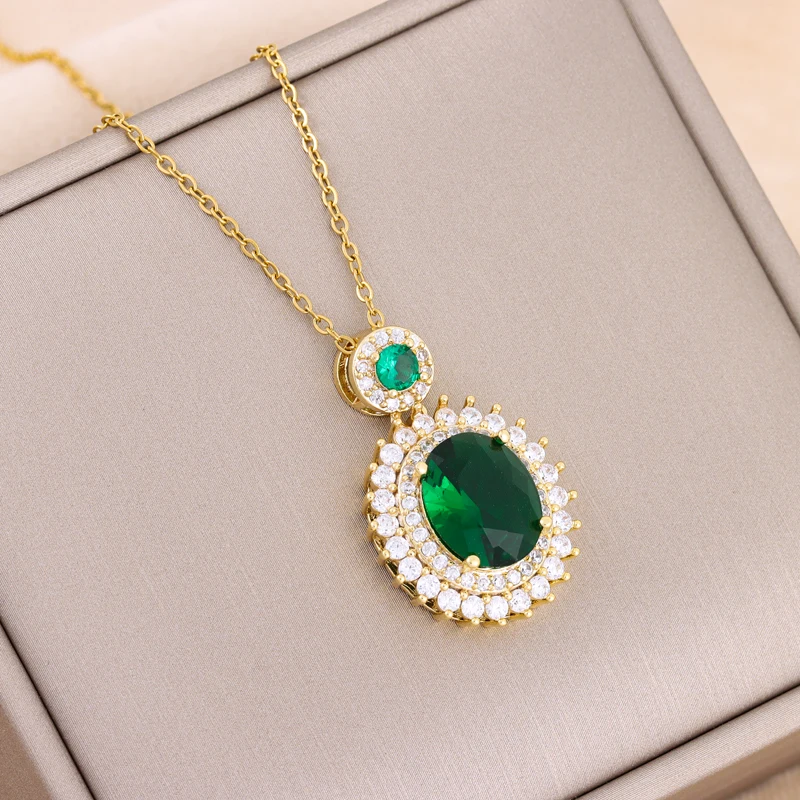 New Fashion Green Zircon Crystal Pendant Stainless Steel Necklaces For Women Trendy Retro Style Female Clavicle Chain Jewelry