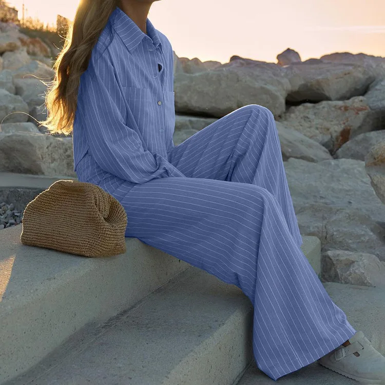 Women's Pajama Set Striped Turn Down Collar Ladies Sleepwear Long Sleeve Spring Autumn Elegant Pijama Suit 2 Pcs Wiht Pants