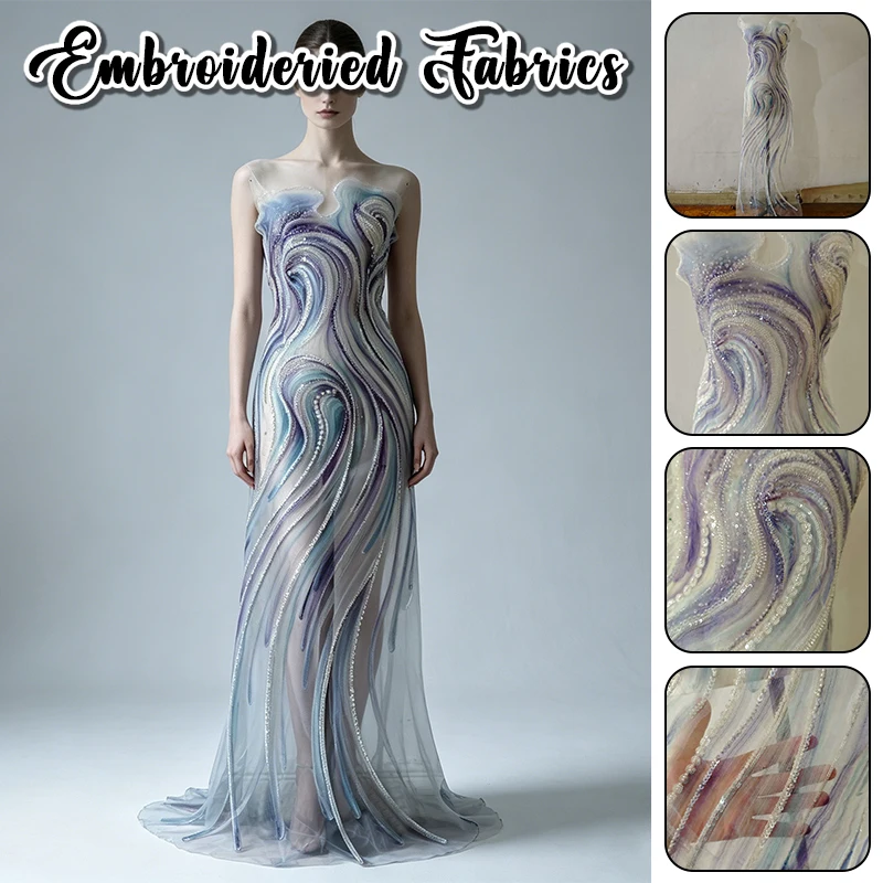 

Creative Pearl Sequins Embroidery Mesh Fabric Tie Dye Gradient Color 3D Layered Wave Tide Shapes Fashion Dress Designer Fabric