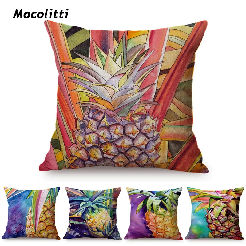 Tropical Pineapple Watercolor Home Decoration Sofa Cushion Cover Fruits Oil Painting Art Cotton Linen Square Pillow Case cojines