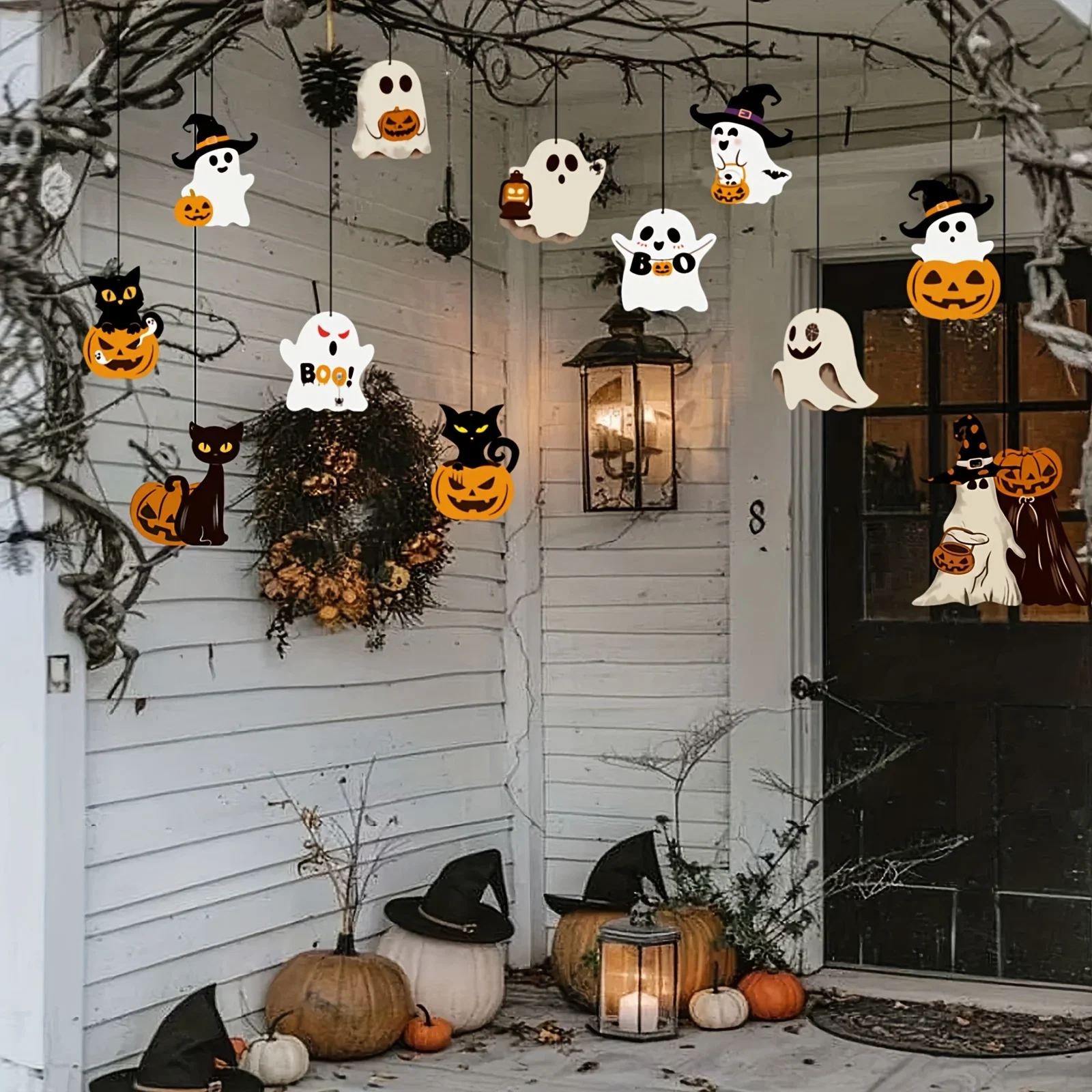12 pièces, décorations d’Halloween en papier, motifs de fantômes, citrouilles, chats noirs, idéales pour créer une ambiance d’Halloween, décorations à suspendre, accessoires pour fêtes.