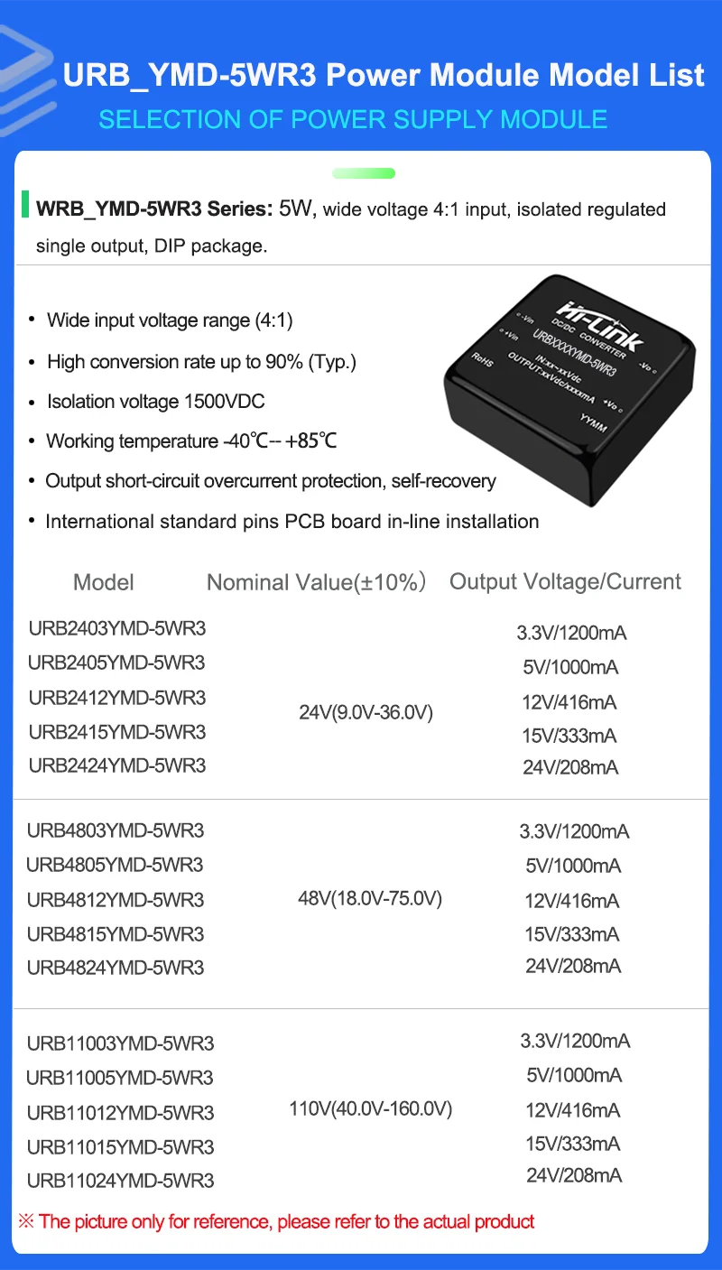 集積回路Hi-Link-UB2405YMD-5WR3電源モジュール、24v、5v、5w、DC-DC、電圧リダクションおよび調整済み