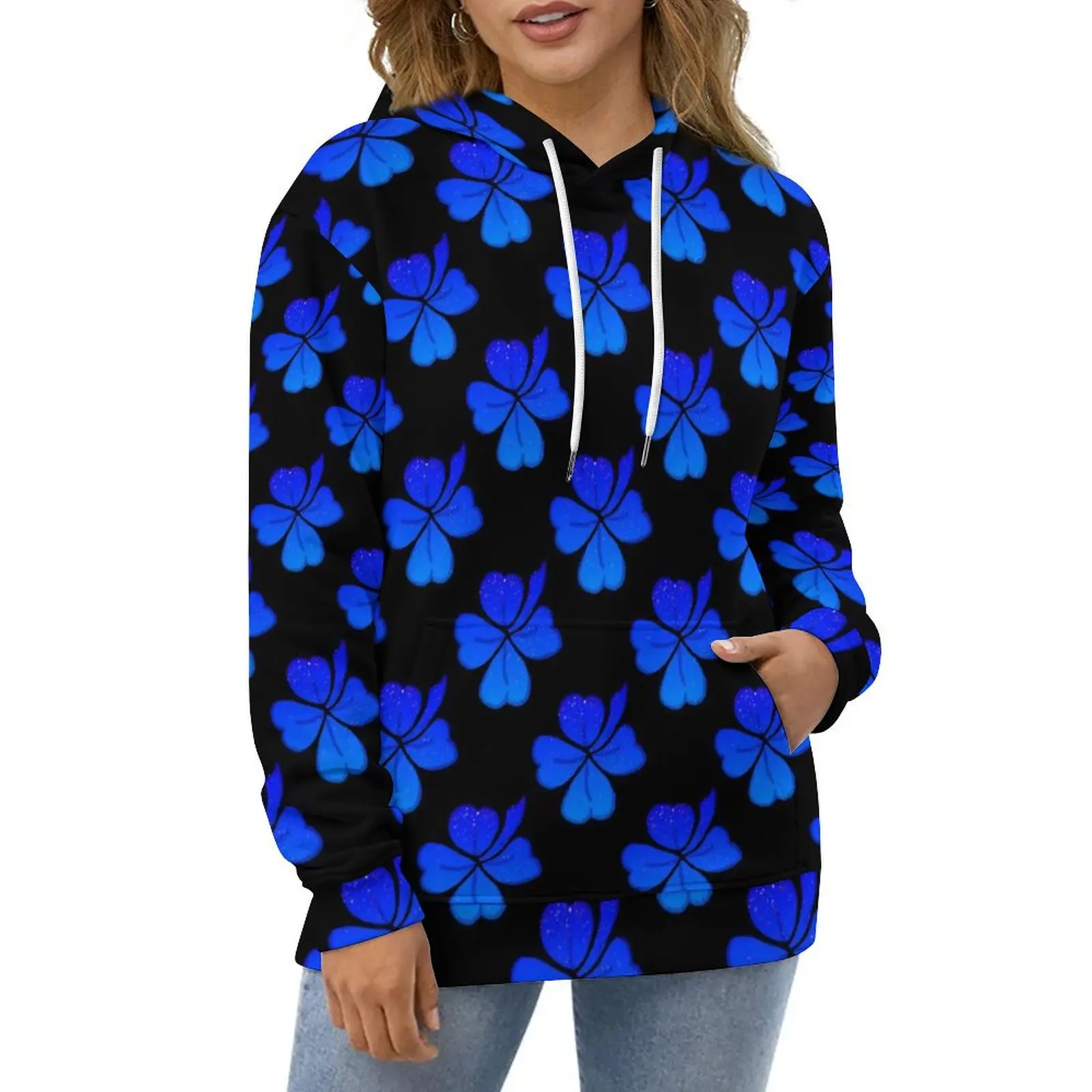 St Patricks Day Hoodies Blue Shamrock Print Classic Casual Hoodie Long Sleeve Aesthetic Custom Hooded Sweatshirts Big Size