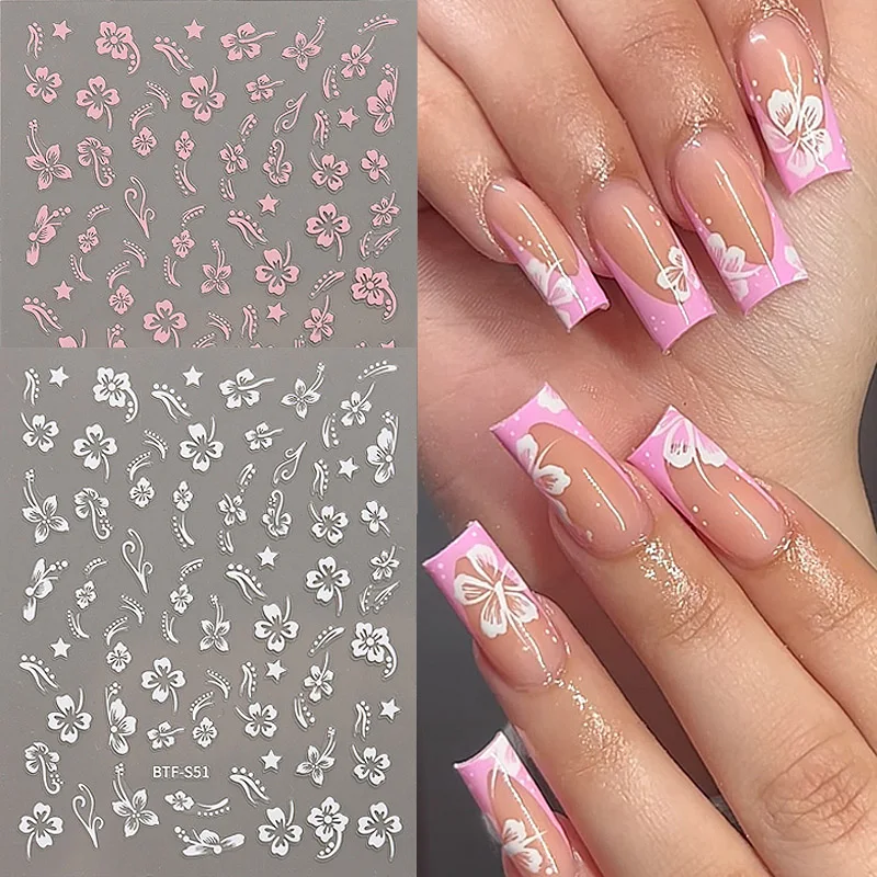 Adesivos de Unha 3D Flor de Hibisco Decoração de Verão Flores Rosa e Brancas Decalques de Unha Folhas Tropicais Sliders Folhas para Manicure