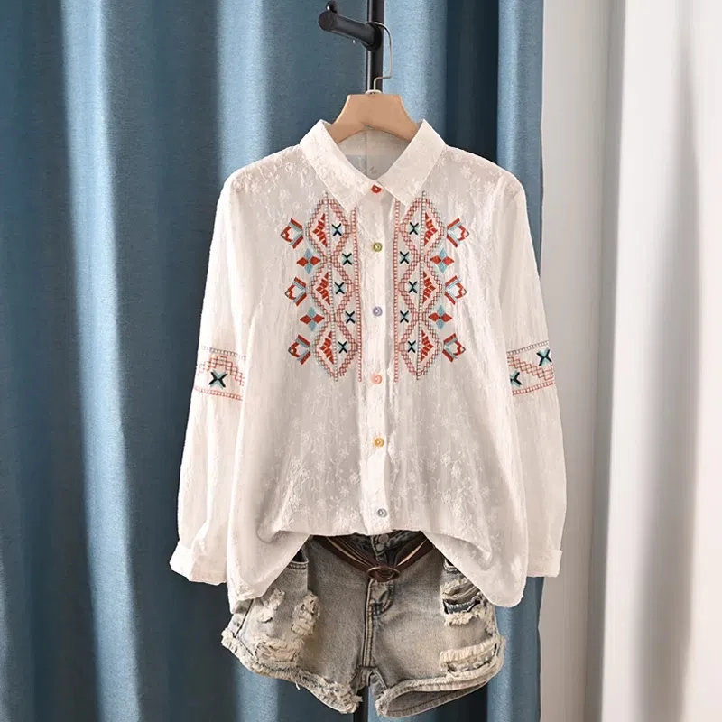 Boho Vintage White Ethnic Floral Embroidery Blouses Shirts Women Tops Casual Lapel Loose Blouse Summer Beach Blusas