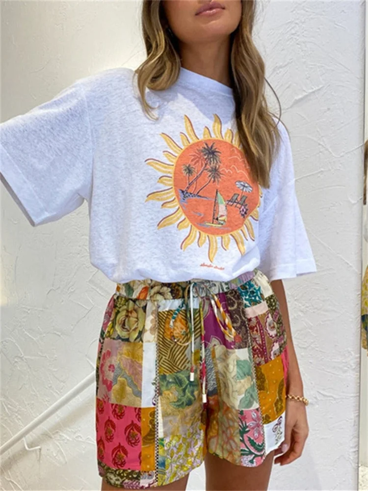 

Ladies O-Neck Short Sleeve Simple Loose Casual Tee Tops 2024 Summer New Women Sun Letter Sunset Coconut Beach Print T-Shirt