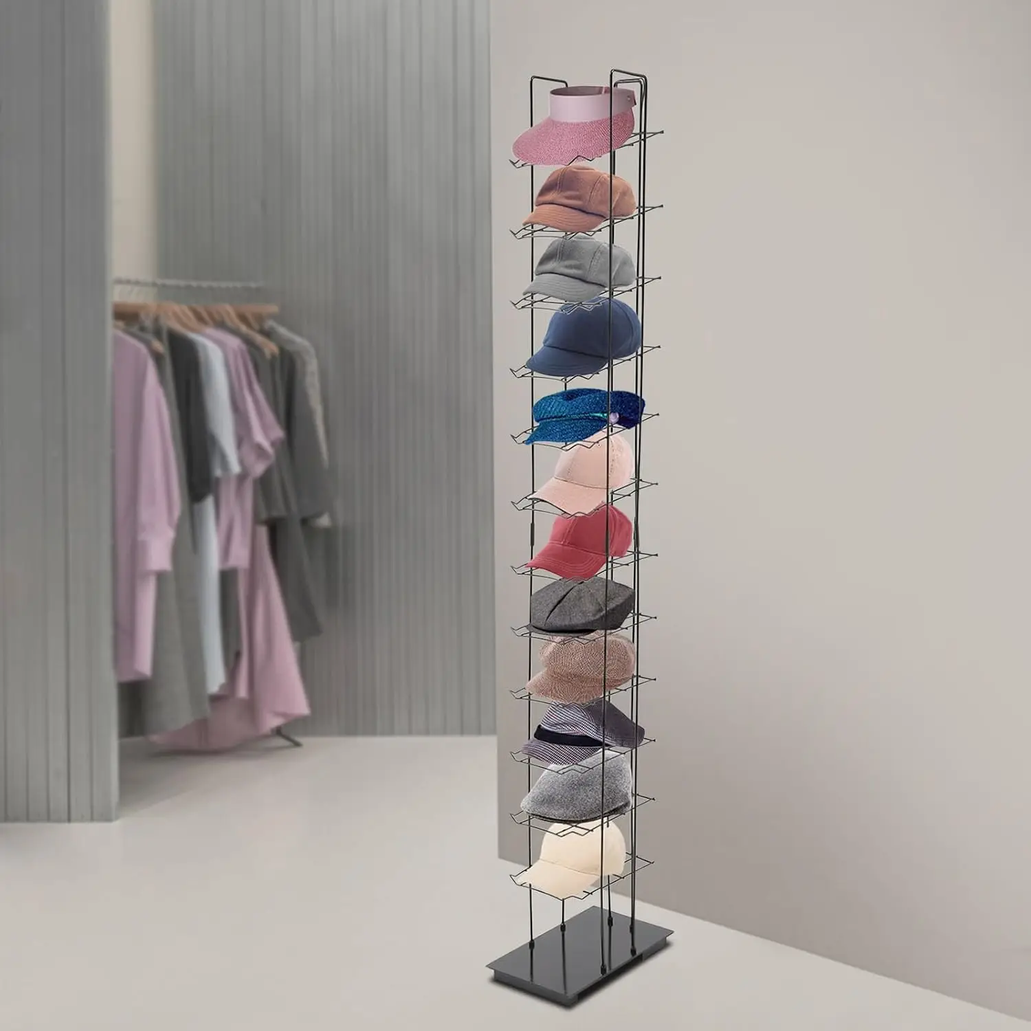 12 Tier Large Capacity Cap Rack, Floor Standing Hat Display Rack, 74in Height Iron Cap Display Tower, Heavy Gauge, Customized