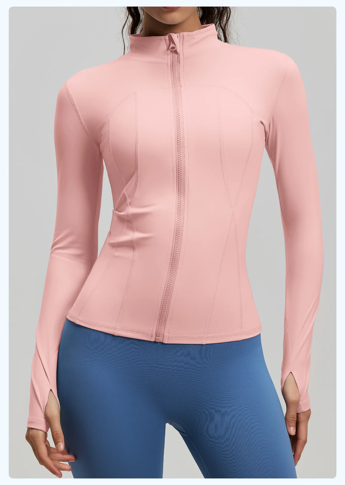 Women Stand Collar Zip Up Yoga Jacket Thumb Hole Slim Fit Long Sleeve Buttery Soft Gym Workout Athletic Top