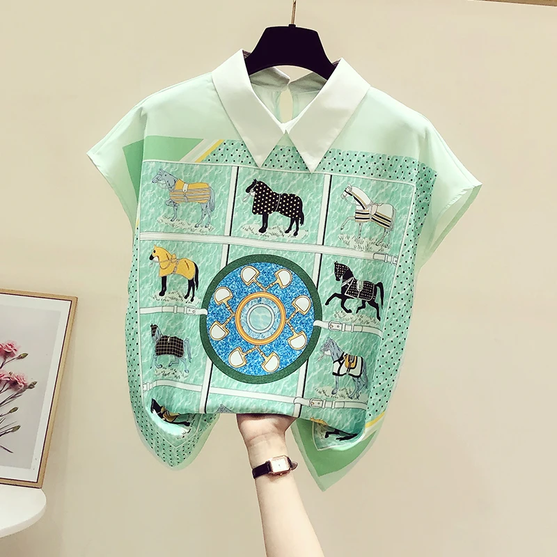 

European style summer new fashionable trendy printed polo collar chiffon short sleeved shirt women's design sense niche top