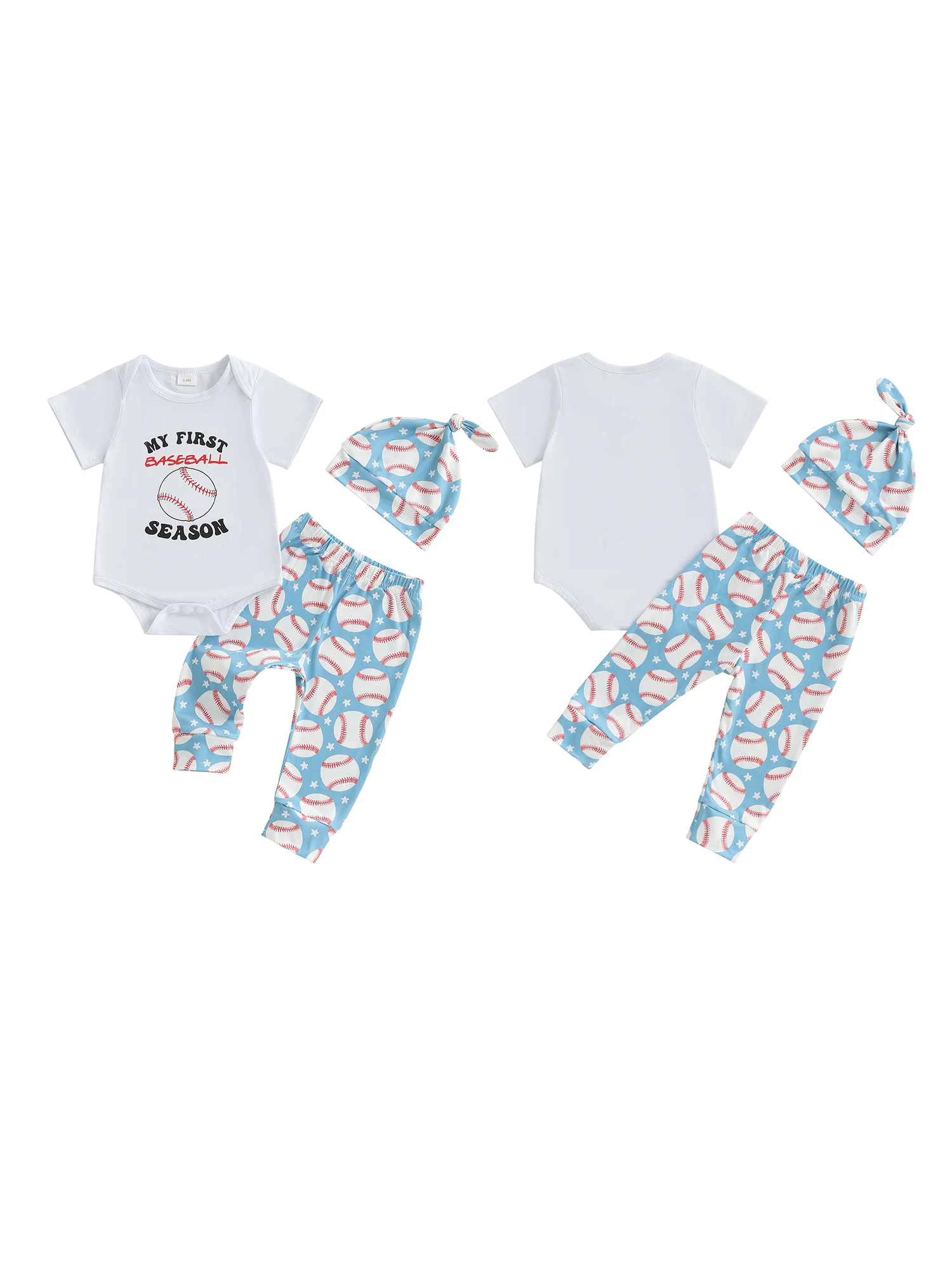 

Infant Boys 3-Piece Set with Short Sleeve Baseball Letter Print Romper Pants and Hat - Newborn Clothing Ensemble