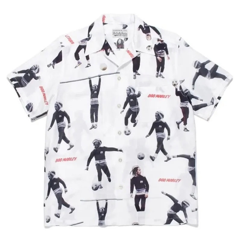 New Hip Hop Summer WACKO MARIA Football Character Pattern Print Mens Womens Hawaii Short Sleeve Shirt