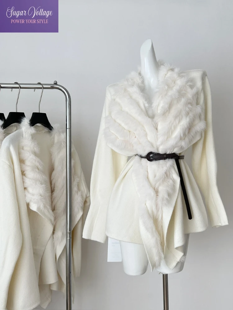 

Elegant Fashion Coat Women Autumn Mid Length Knit Wool Jacket Fur Collar Belted Waist Loose Fit Retro Chic Stylish Korean Outfit