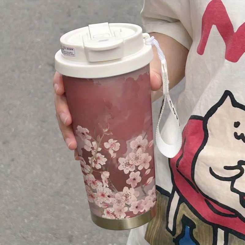1 18-ounce stainless steel thermos with lid and straw outdoor sports cup  leak-proof flip, foldable hidden straw cherry blossom