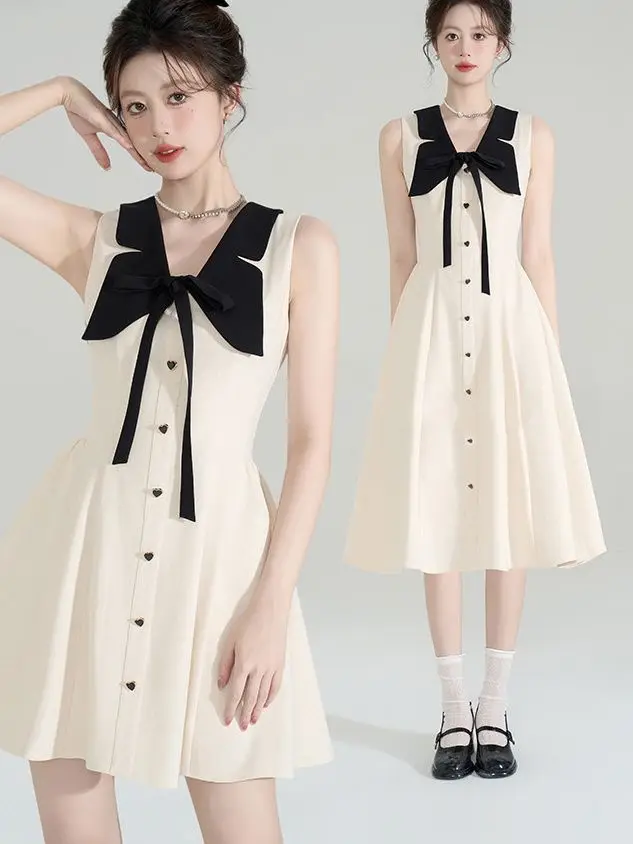 

Korea Woman Dress Elegant Bow Sleeveless Slim Sexy Spring Fashion Ladies Elegant Dresses Temperament Long And Short Styles