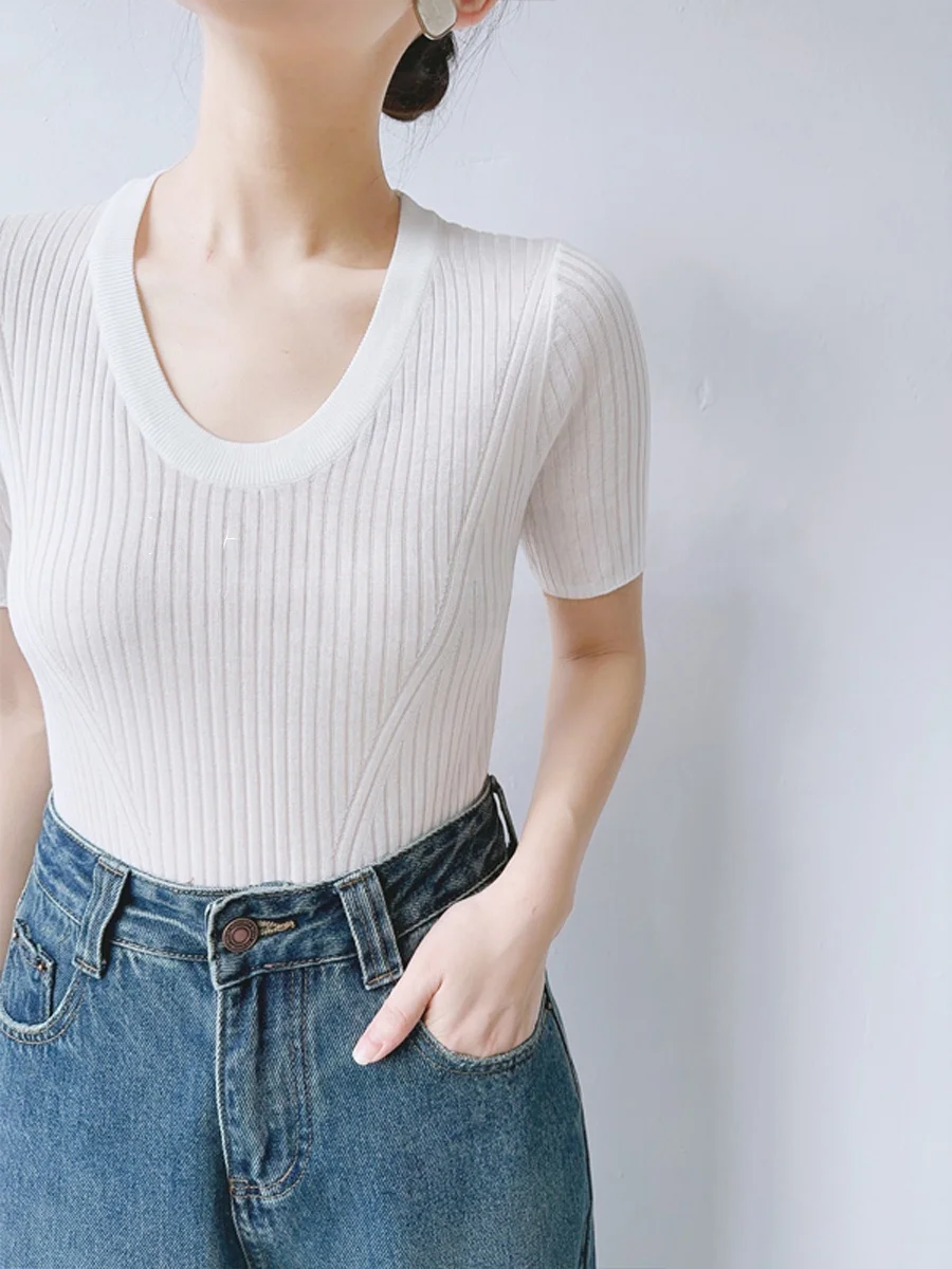 

Женская трикотажная футболка XALI с V-образным вырезом и коротким рукавом, летняя, приталенная, из лиоцелла, дизайнерская, белая, для повседневной носки, чистый дизайн