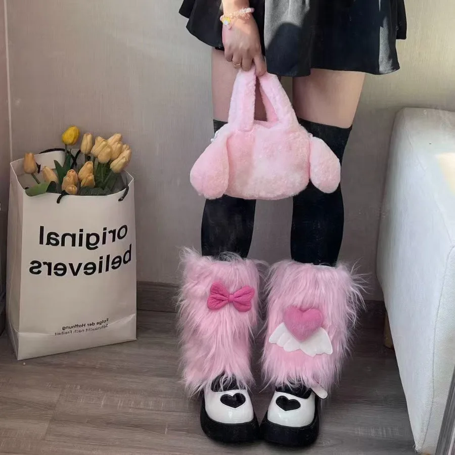 Shibuya Spice Girls Cute Pink Leg Warmers Plush Warm Y2K Fluffy Love Bow Leg Warmers Subculture Sweet Girl Accessories