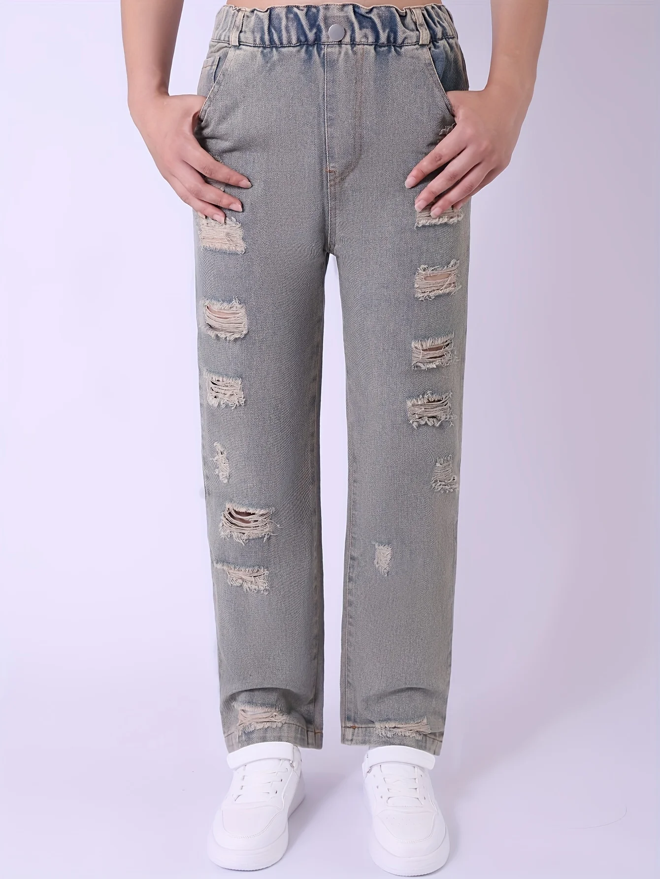 

Girls' Ripped Wide-Leg Jeans 2025 New Medium and Large Children's Summer Thin Fashion Stylish Distressed Loose Straight Pants
