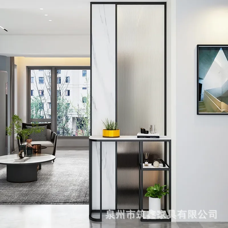 For Living Room Entryway Bedroom Dining Hall Wrought Iron Screen with Changhong Water Ripple Art Tempered Glass Partition