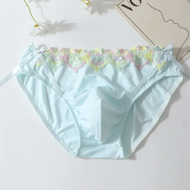 Men Briefs Milk Silk Sexy Soft Briefs Boy Lace Bow Panties Pure Color Comfortable Breathable Gay Intimates Male Underpants