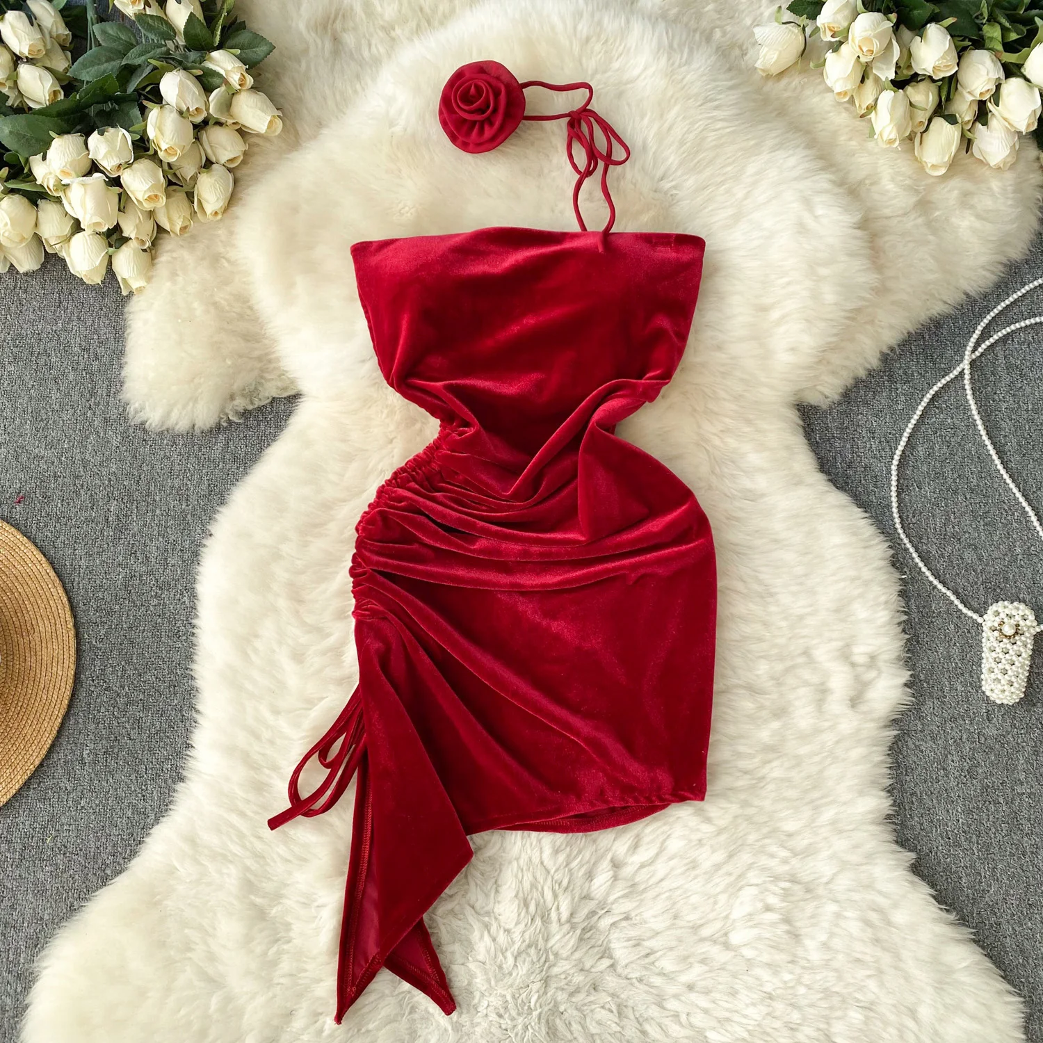 

French Strapless Women Date Short Dress Chic Irregular Wrap Hip Velvet Sister Party Gown Lady Sexy Slim Mini Dresses