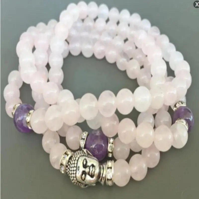 

8mm Pink Crystal Gemstone Mala Bracelet Men's Buddhist Women Chain Wrap Stackable 108 Beads Handmade Relief Yoga Yoga