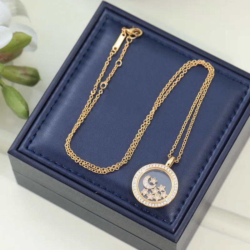 Designer Collection Fashion Style Necklace Women Lady Inlay Cubic Zircon Happy Moon And Stars Plated Gold Color Round Pendant