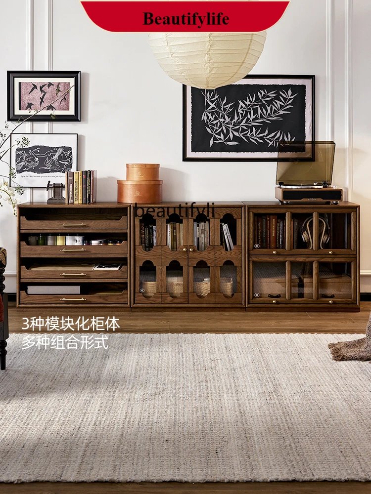 

DD132 French retro module combination bookcase solid wood side cabinet living room display cabinet low cabinet floor bookshelf