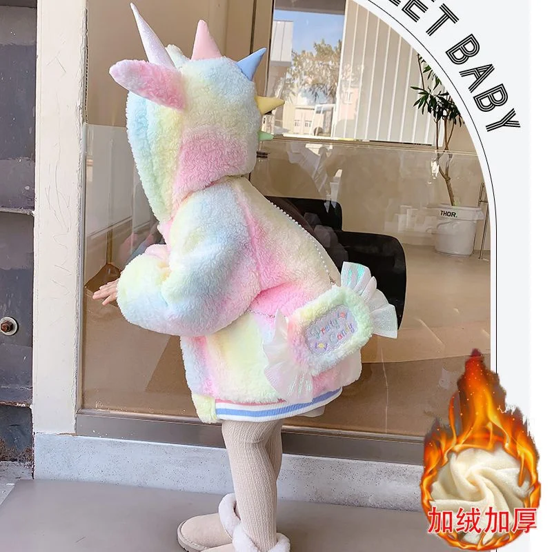 Girl's Winter Plush Jacket 2024 New Children's Unicorn Thickened Coats Kids Hooded Plus Velvet Outerwear Baby Faux Fur Clothing