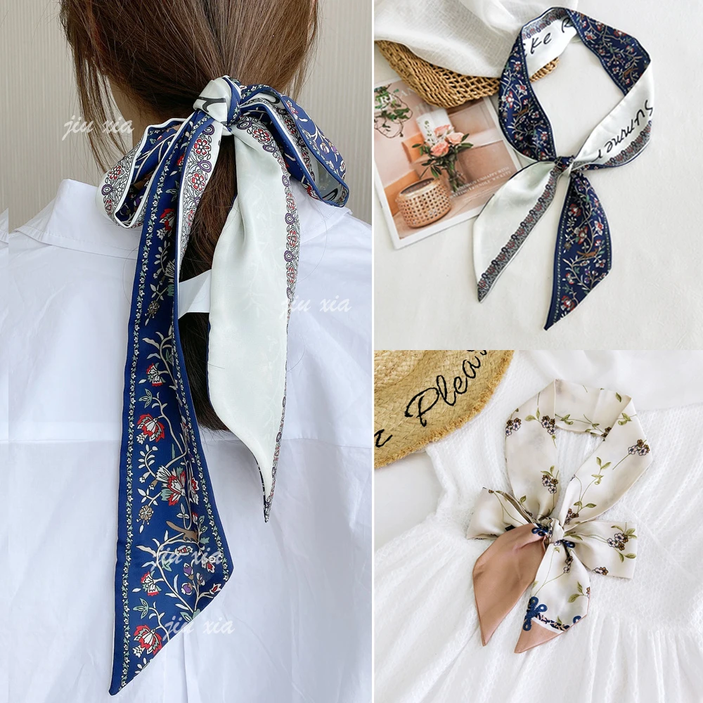 Korean Printing Plaid Long Ribbon Silk Hair Scarf Women Summer Elegant Wrist Bag Narrow Neck Scarf Hair Accessories