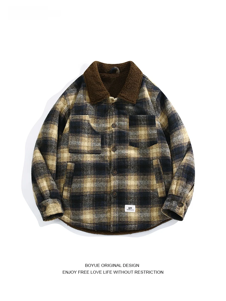 

Boyue Japanese Style Thickened Lamb Velvet Coat Warm Fashionable Men's Casual Outerwear with Collar Plaid Design All-Match