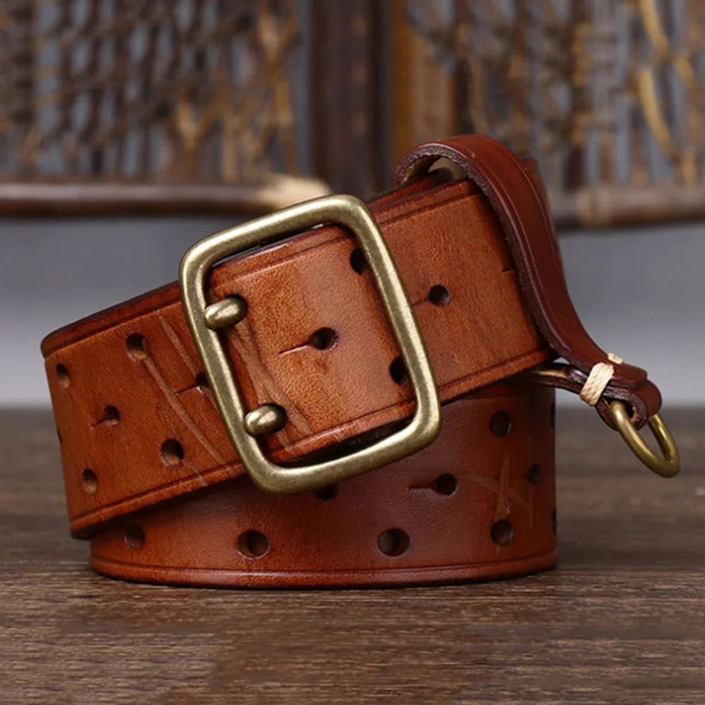 FAJARINA Top Quality Solid Cowskin Leather Brass Double Pin Buckle Belt 3.8cm Wide