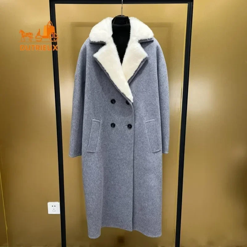 2024 New Mink Fur Collar Women\'s Cashmere Coat, Double-sided 100% Cashmere Wool Long Coat Jacket Winter Warm Coat Real Fur Women