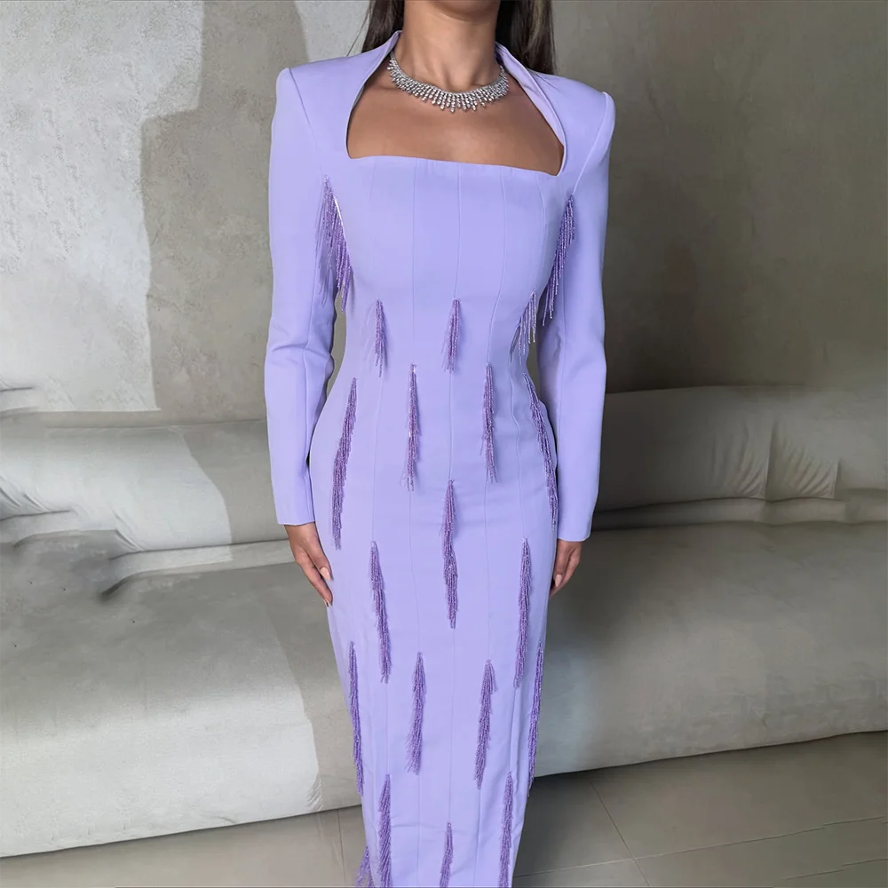 Lavendel avondjurk vierkante hals lange mouwen kwastje jersey avondjurken vloerlengte rechte galajurken op maat